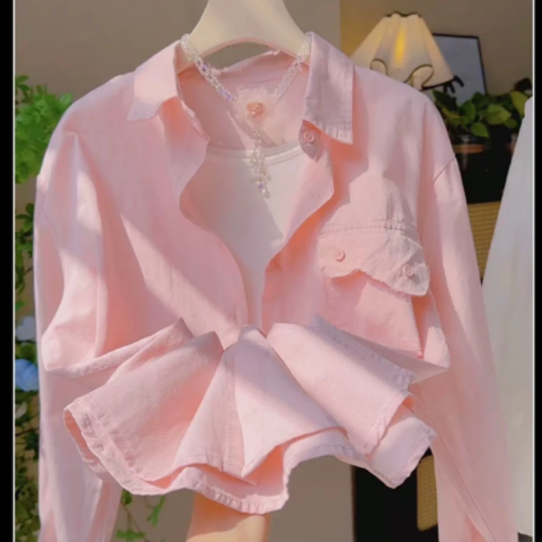 名210设计感小众玫红色衬衫女春秋新款长袖上衣叠穿衬衣外套