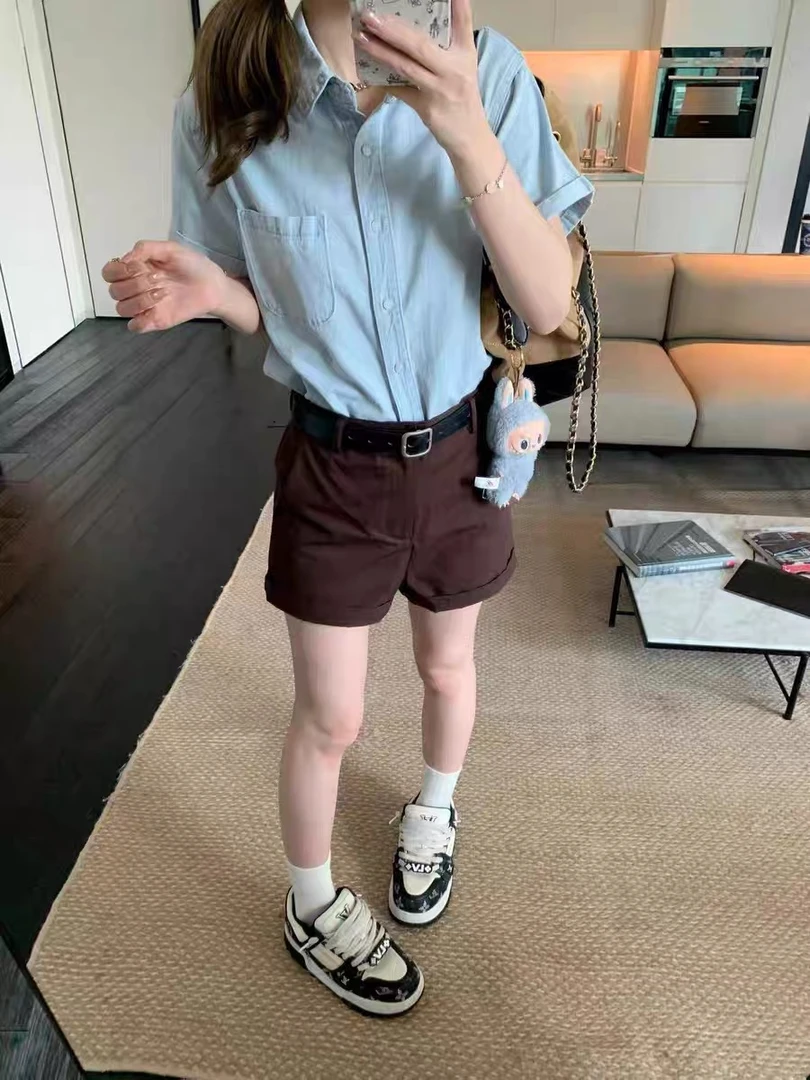 甜粿妹妹纯棉水洗蓝短袖牛仔衬衫夏季小众复古短裤套装