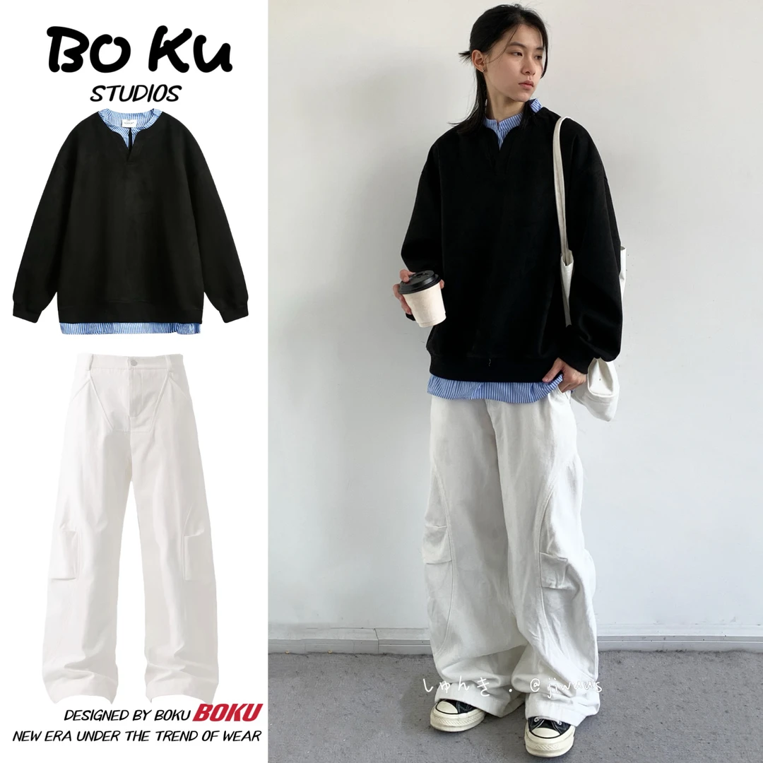 @BOKU两件装/单件秋日系复古V领套头拼接假两件男女百搭长袖卫衣