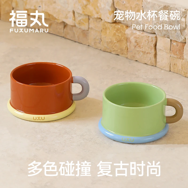 福丸水杯猫碗陶瓷猫咪喝水碗粮碗一体大口径宠物护颈狗食盆防打翻