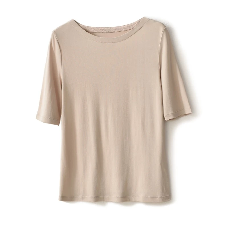 夏季纯色加捻针织真丝五分袖T恤
