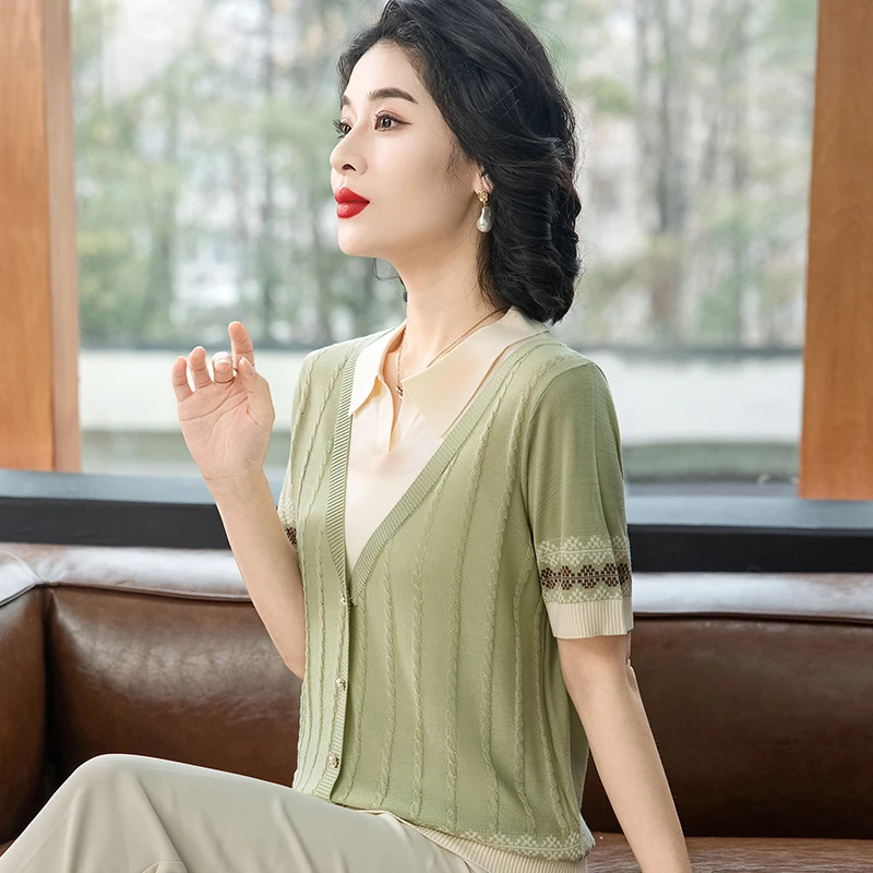 妈妈夏季2025新款洋气冰丝短袖小衫中老年女夏季时尚减龄T恤上衣