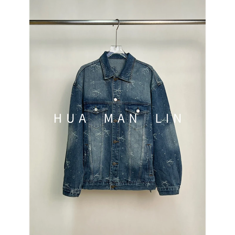 【花满林】蝴蝶结烫钻双贴袋牛仔外套58233