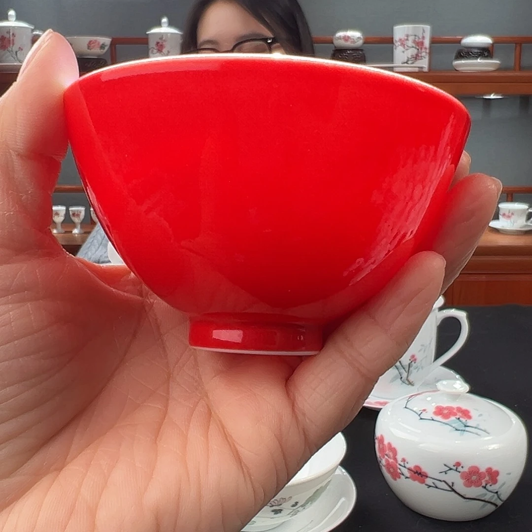 柴窑中国红鸡心杯