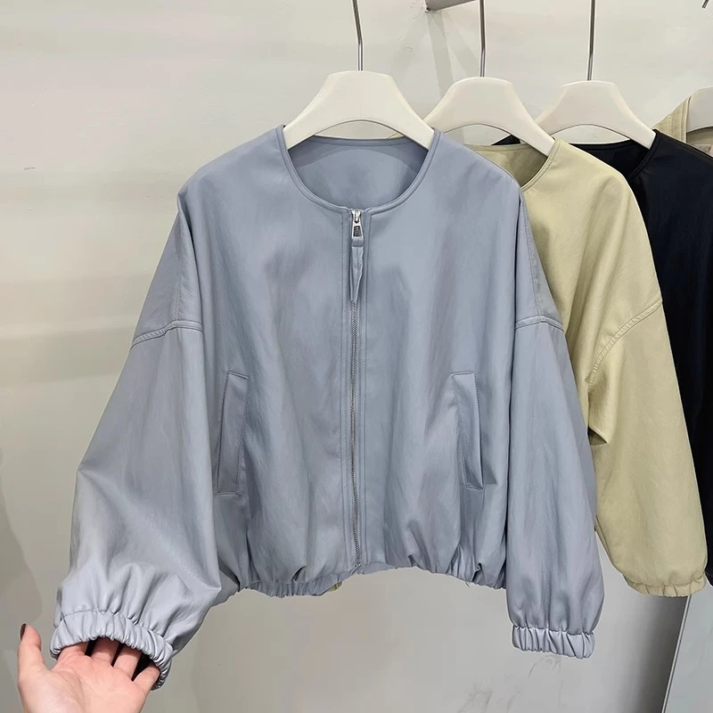 韩系拉链圆领皮衣外套女春季2025新款宽松休闲短款夹克棒球服上衣