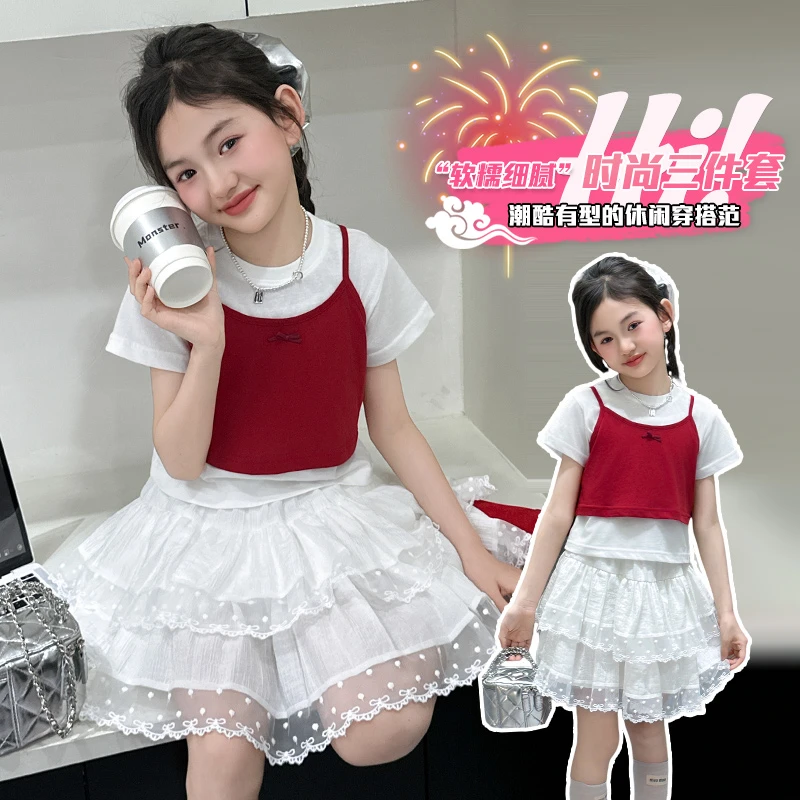 2025款女中大童韩版纯色条纹薄款百褶女短裙子时尚夏季常规套装