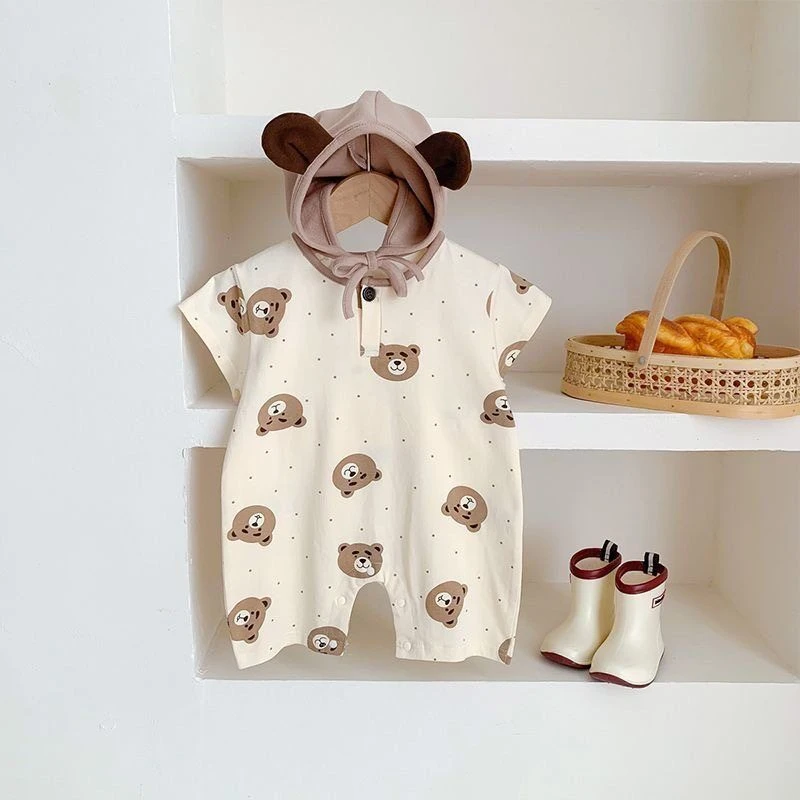 小熊衣服婴儿套装宝宝包屁衣带帽爬服连体衣透气短袖哈衣纯棉薄款