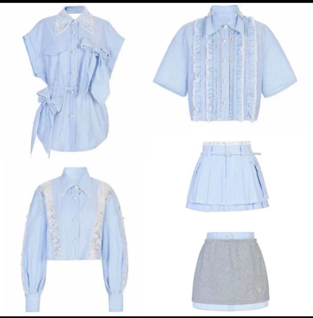 现货拉拉夏季新款减龄蓝色条纹套装系列125