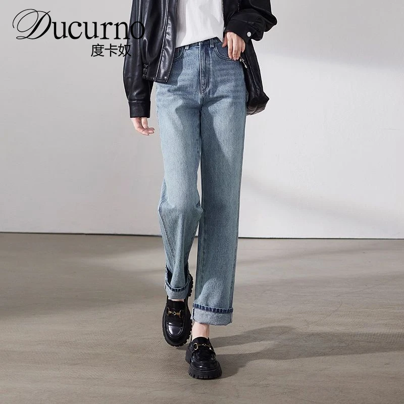 【自行翻脚口】高腰显瘦直筒牛仔裤女2025秋季新款时尚宽松九分裤
