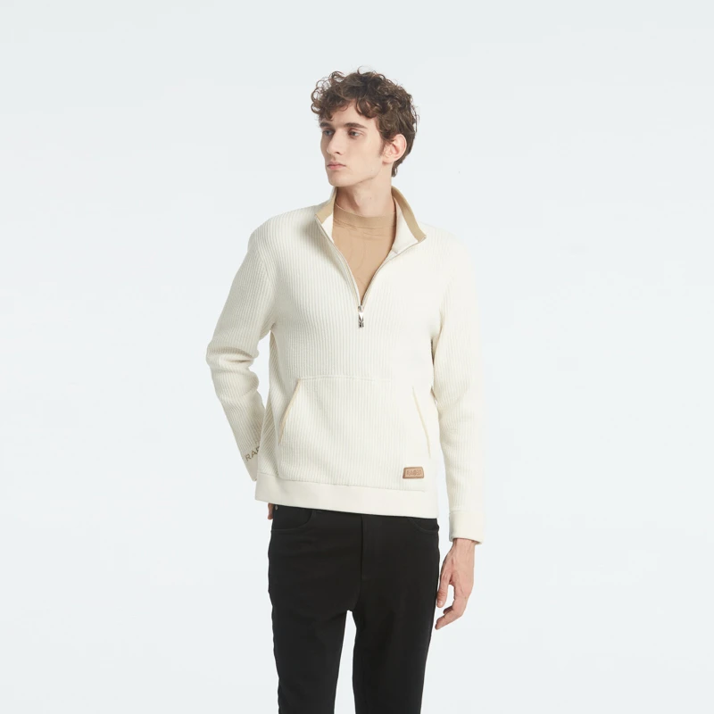 RARE威雅男装秋冬新款米白色半拉链微阔版长袖毛衫