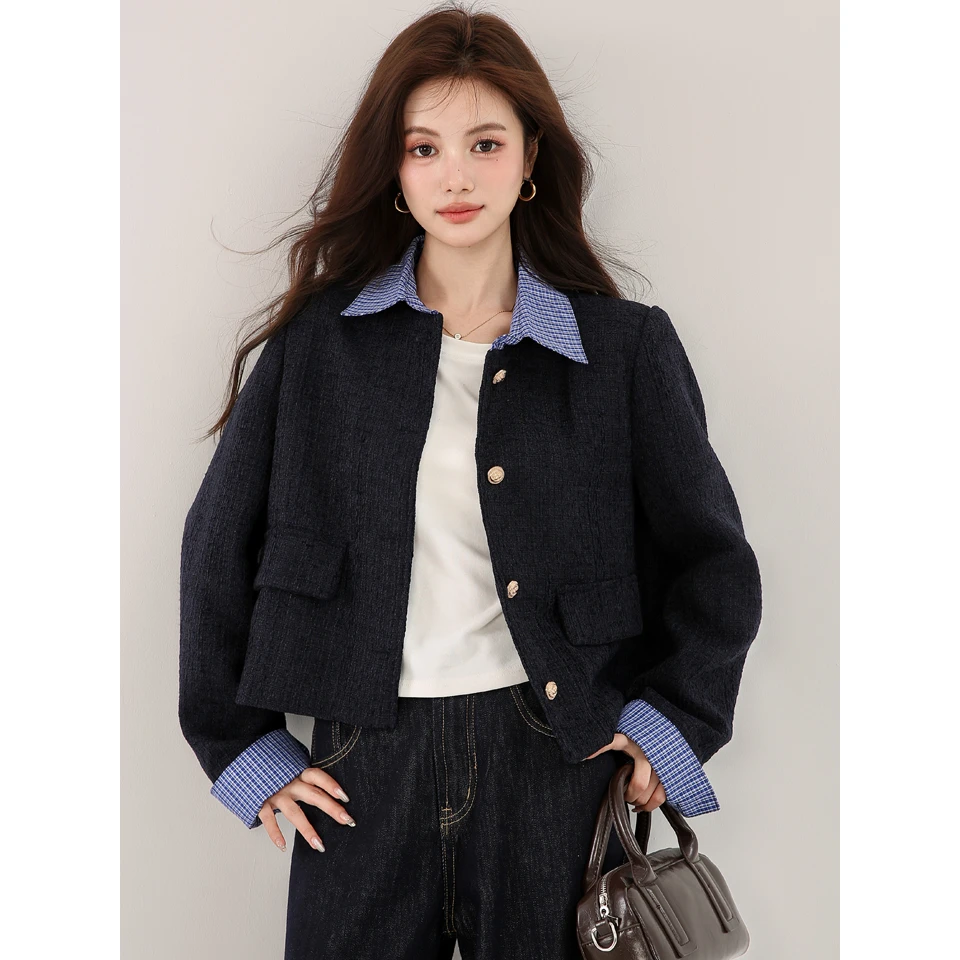 已出货2025秋季新款韩系温柔小香风单排扣假两件外套显瘦气质上衣