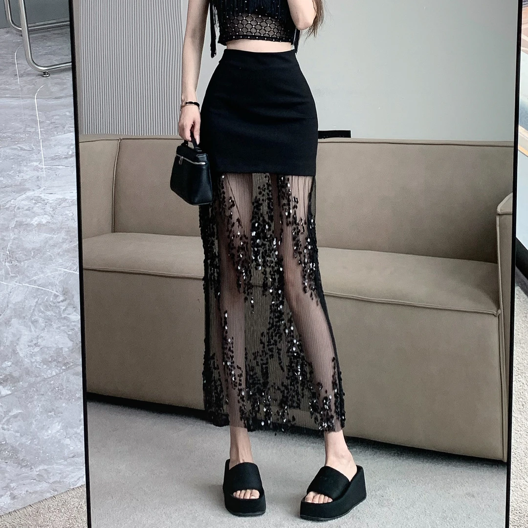 高级感短裙网纱拼接半身裙女夏季2025新款高腰显瘦开叉a字包臀裙