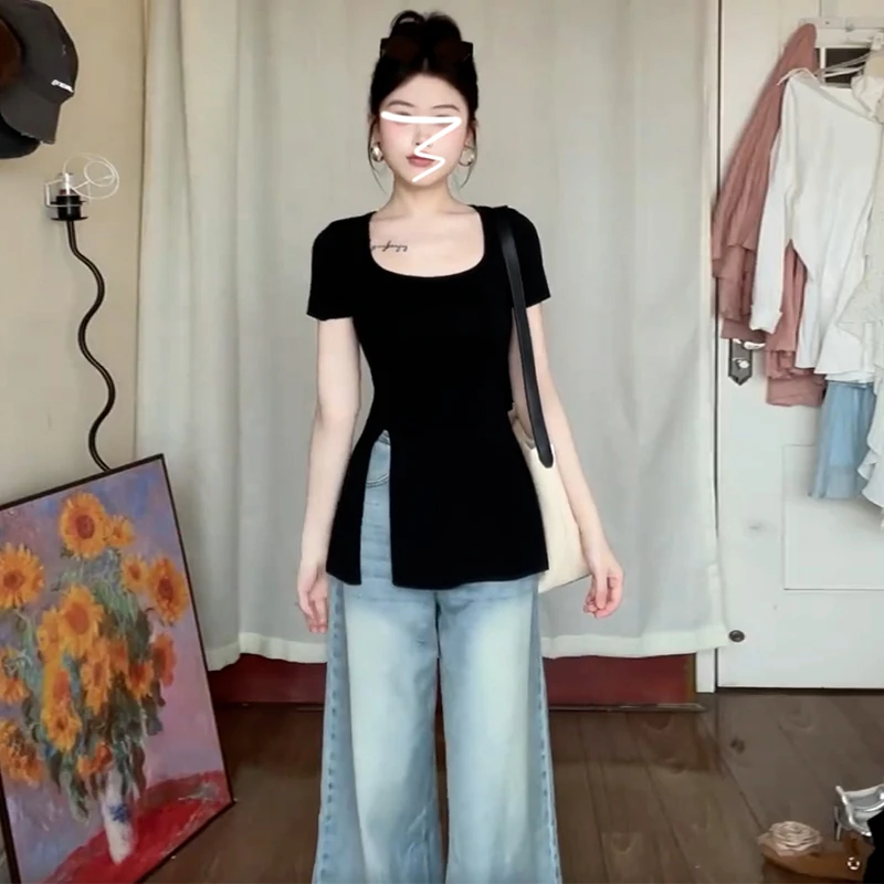 L大码黑色u领短袖t恤女夏季新款设计感小众独特别致显瘦开叉上衣