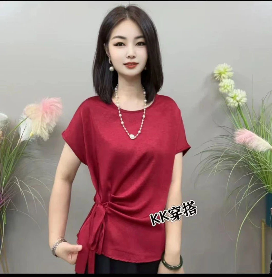 2025夏季新品女装上衣时尚靓丽洋气百搭显瘦减龄圆领绑带衬衫1