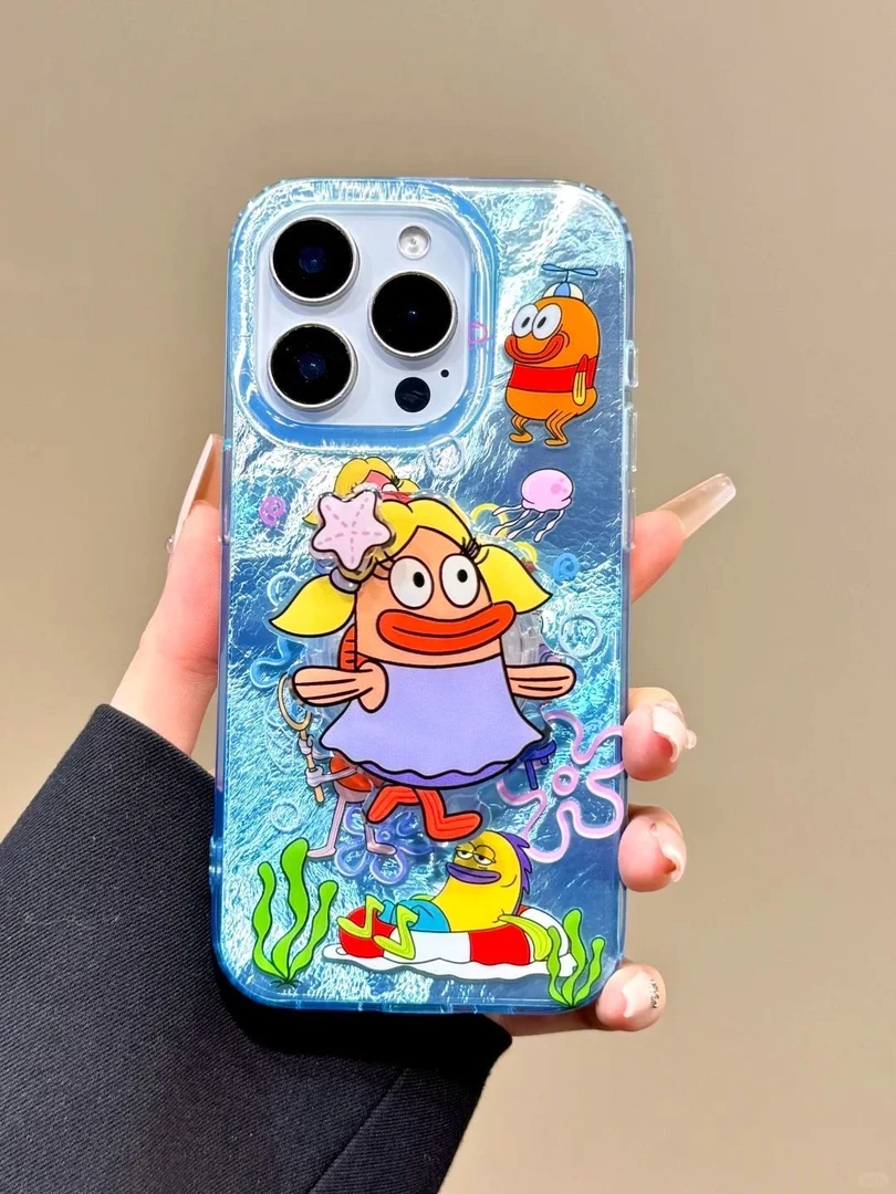 可爱抽象比奇堡美女鱼适用苹果16promax手机壳15冰川纹14/13小众