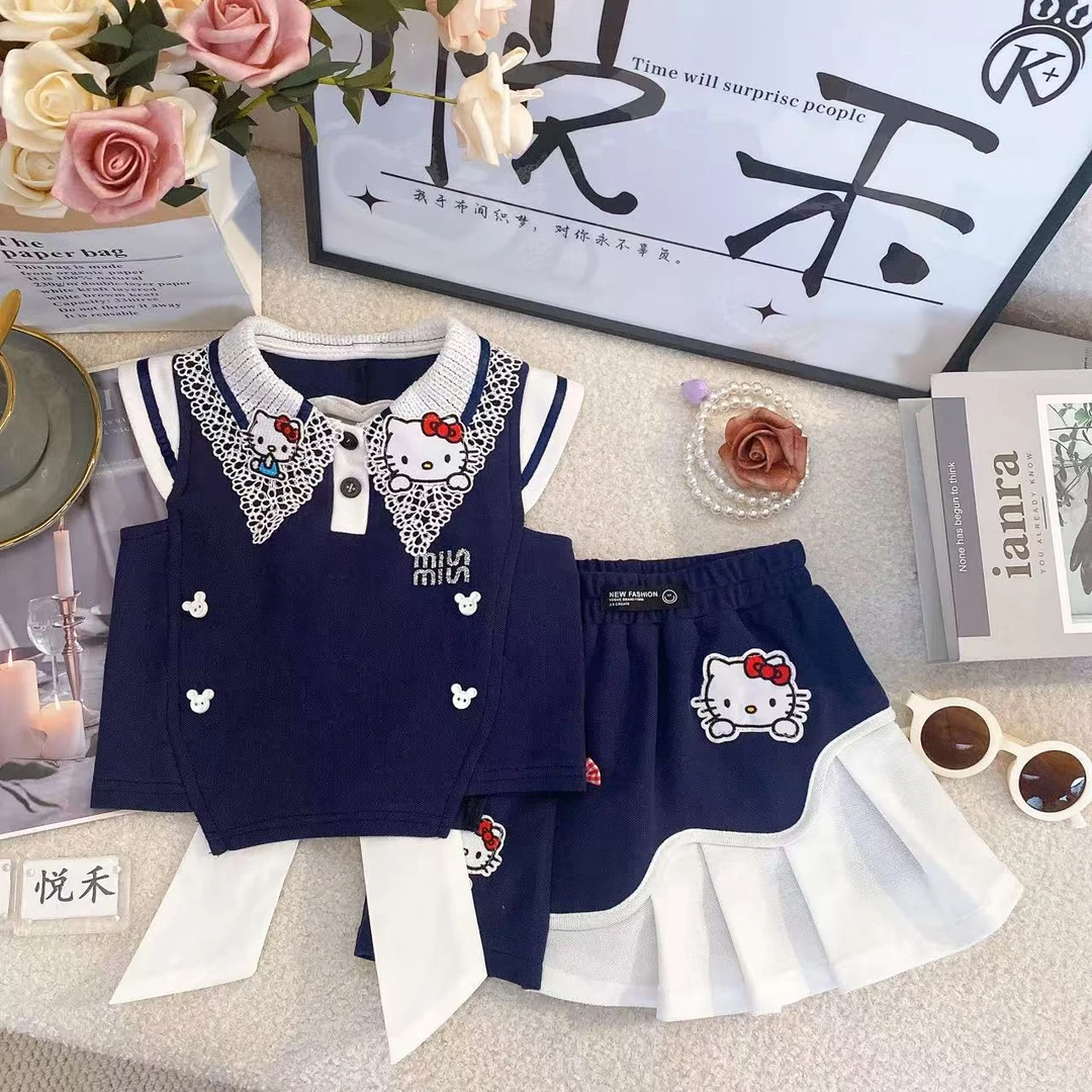 SH新款夏季女童时尚休闲女宝蓝色卷边韩版学院风高级套装80467