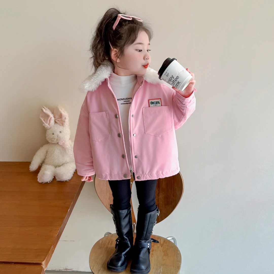 女童秋冬季加厚外套2025儿童翻领休闲夹棉夹克保暖宝宝派克服棉衣