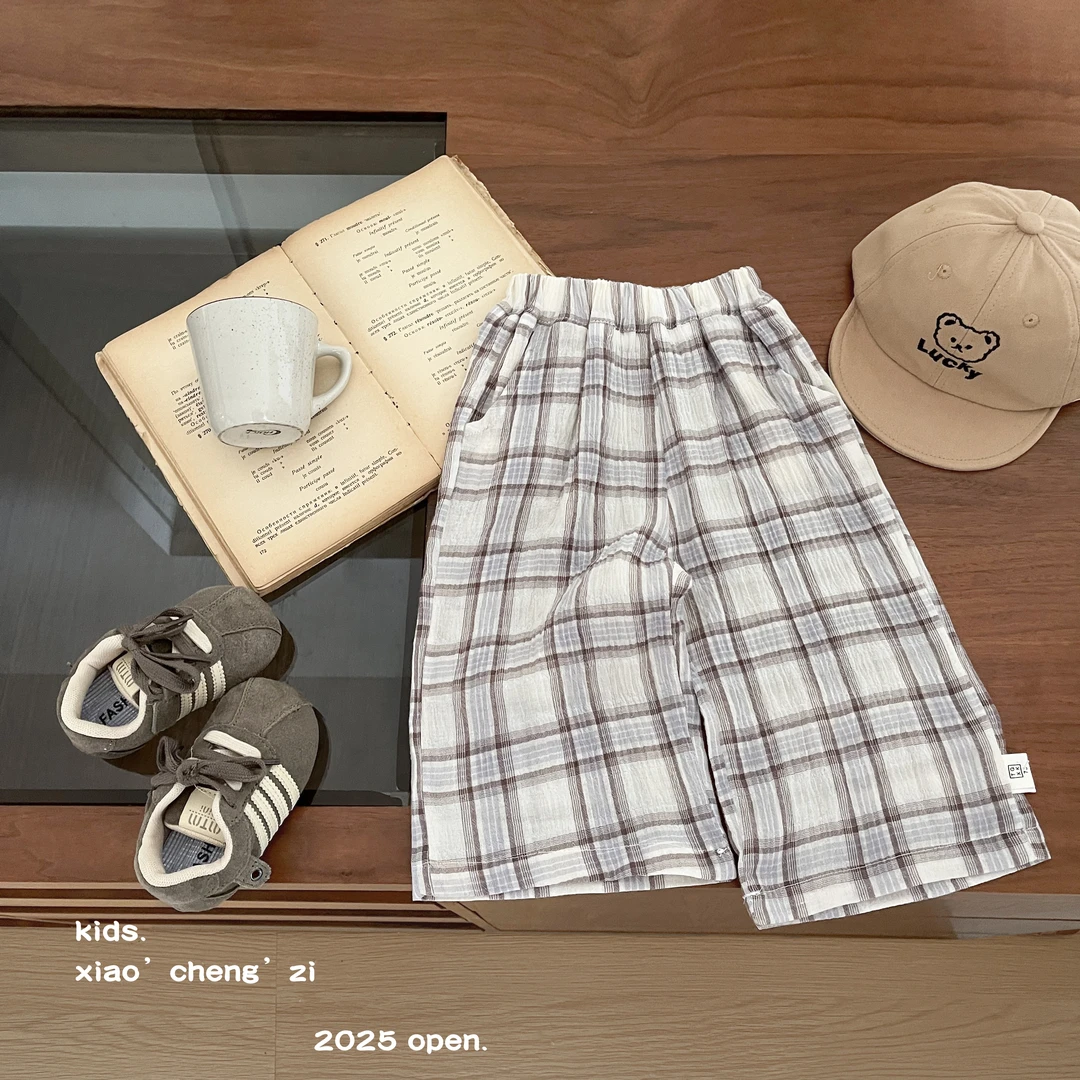 T25X81宝宝夏季格纹长裤薄款男宝女宝防蚊裤百搭裤子直筒休闲裤