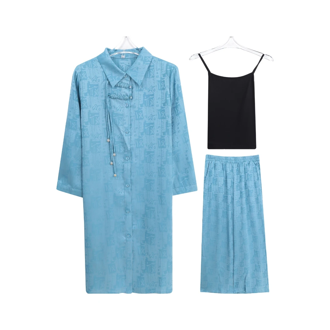 国风气质减龄上衣显瘦舒适阔腿裤三件套A14065