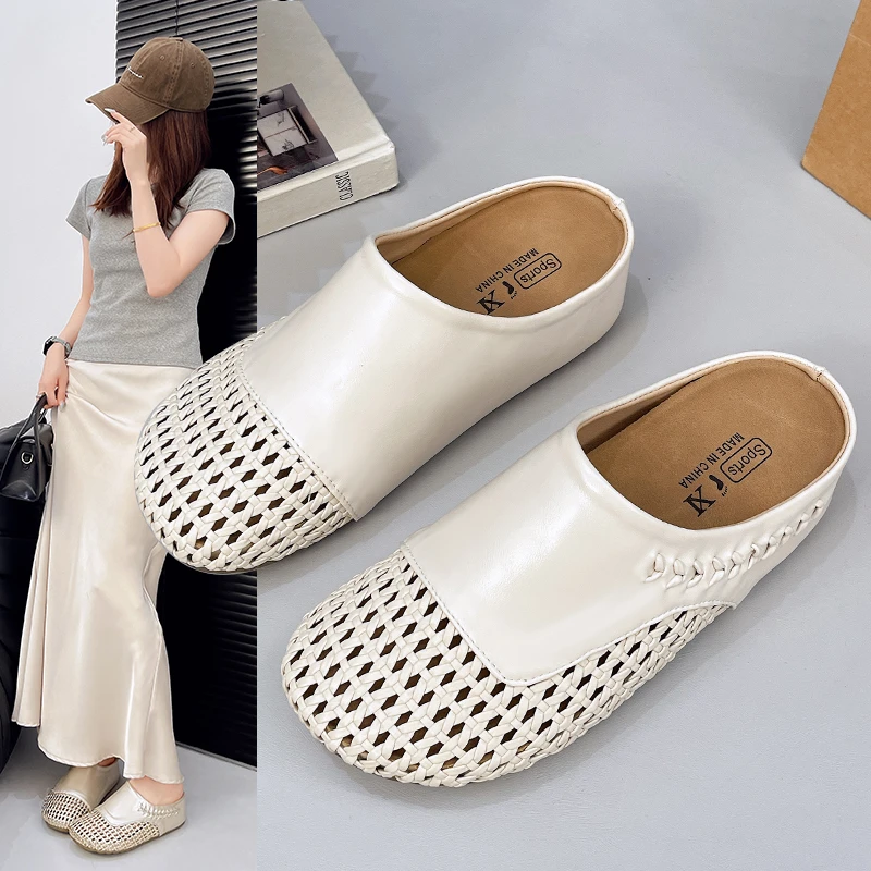 夏季新款编织包头拖休闲包头平跟松糕底半拖防滑透气镂空时尚百搭