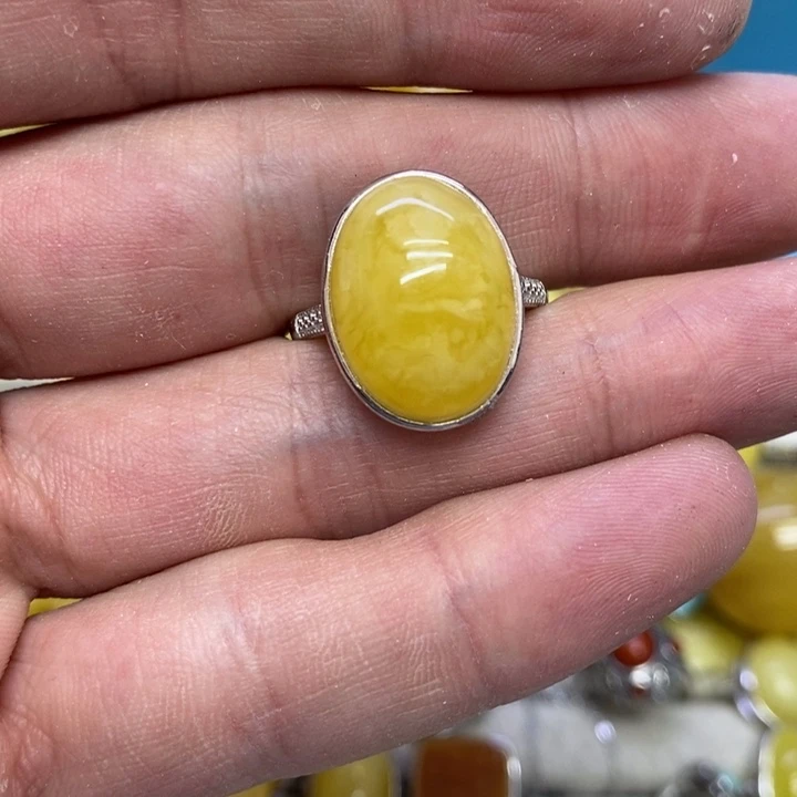 蜜蜡裸石银S925镶嵌戒指