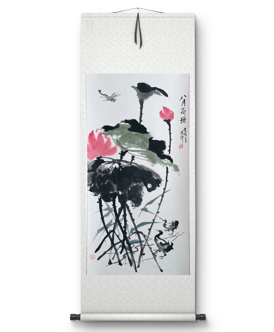胡登科 八月荷塘 80*200荷花装饰画 可收*藏 玄关办公室 客厅挂画