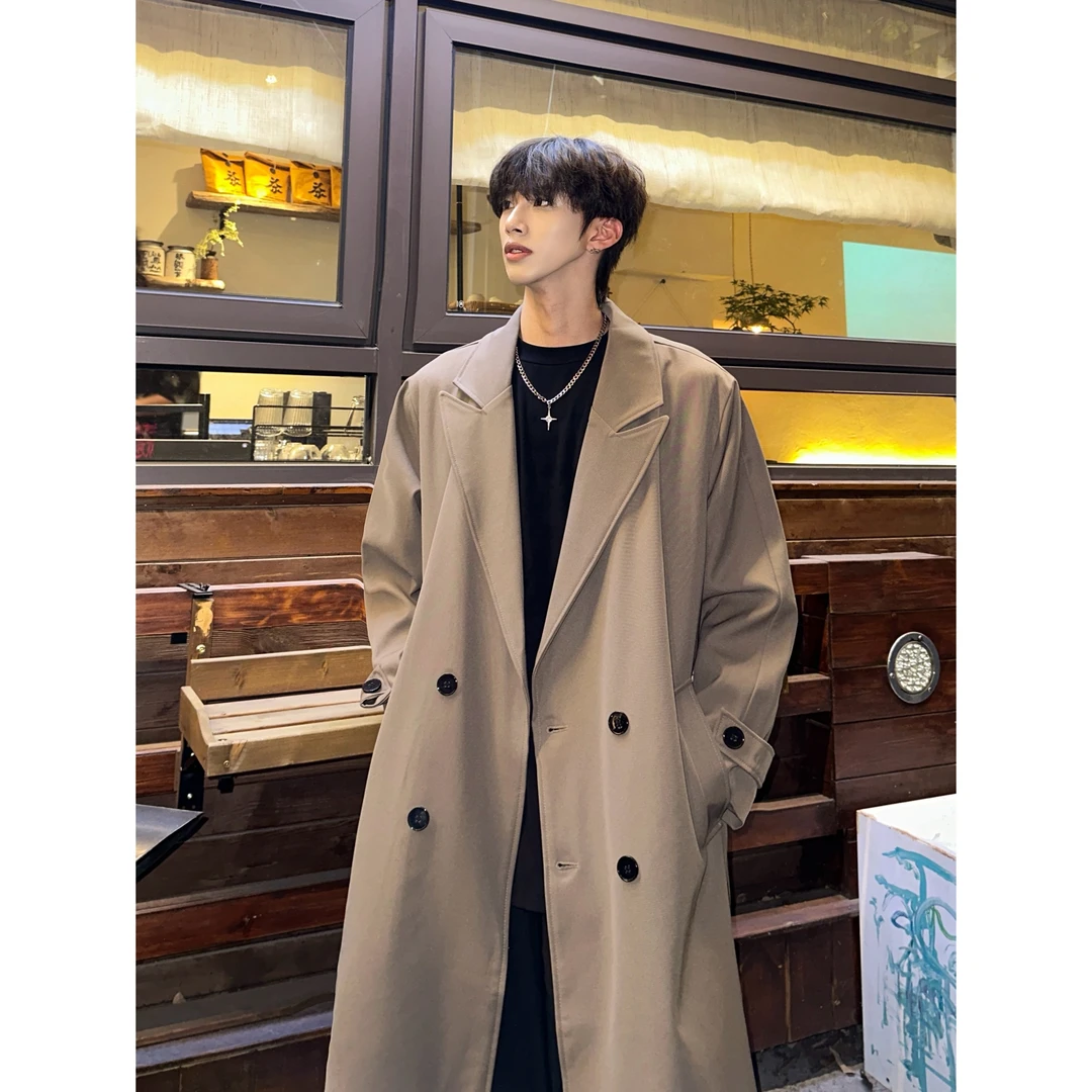 秋季新款韩版潮流男士中长款风衣领子拼接宽松大码过膝双排扣外套