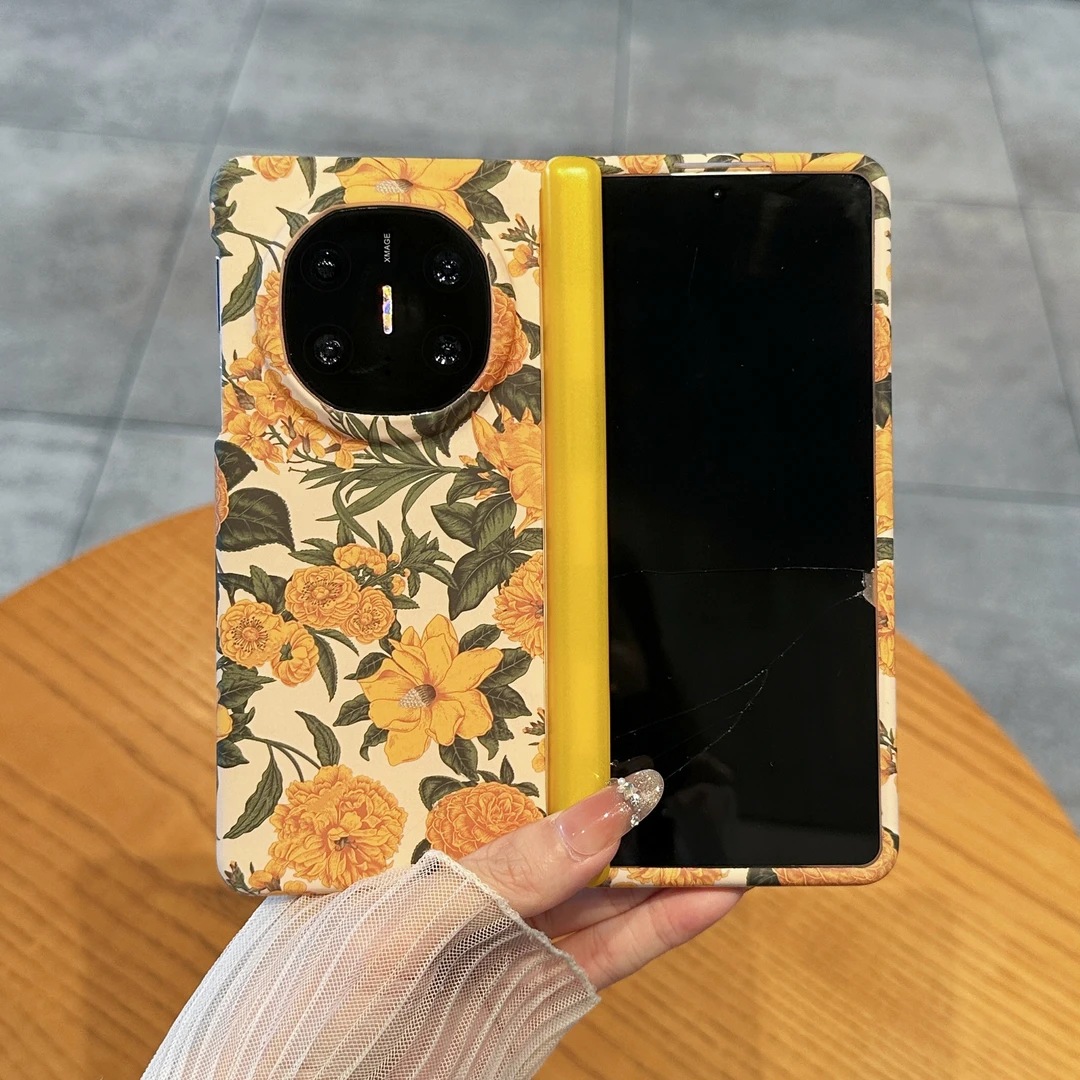 适用华为matex6折叠屏matex5手机壳油画感复古花卉中轴全包防摔女