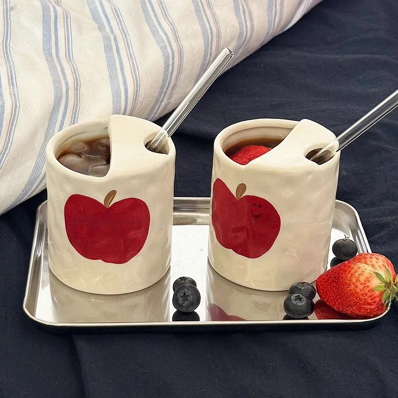 手绘釉下彩表情苹果陶瓷马克杯可爱创意情侣水杯咖啡杯生日礼物女