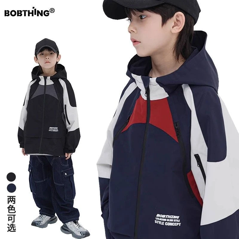 男童风衣春秋款2025新款儿童撞色冲锋衣中大童连帽拉链上衣开衫潮