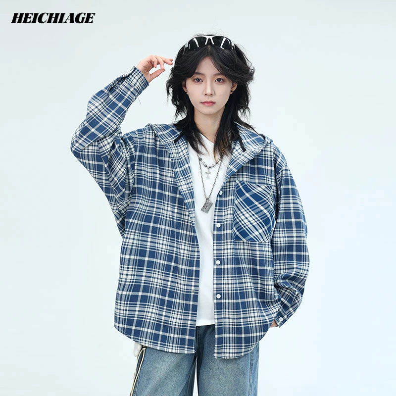 heichiage蓝白色格子长袖衬衫男女松弛感慵懒风连帽衬衣秋季外套