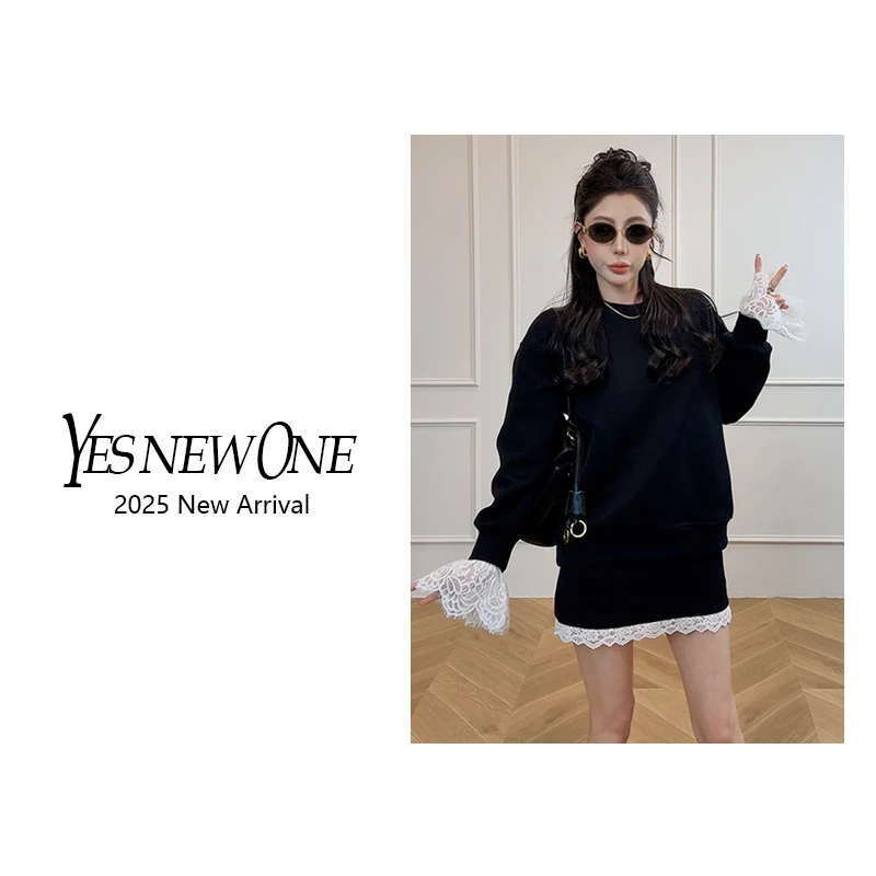 【大蟲家】两件套 韩版气质拼接蕾丝假两件卫衣+防走光短裙2025春季