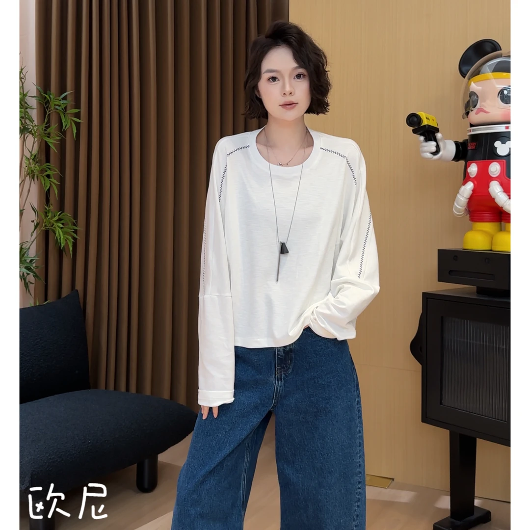 欧尼私服 2025新款韩系高级感撞色线条长袖T恤打底上衣2508C4327