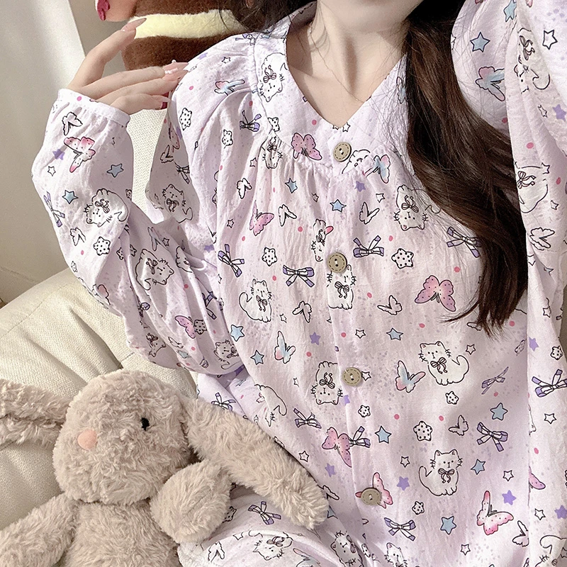 日系圆领紫色蝶影喵喵睡衣女春秋季天长袖少女心高级感家居服套装