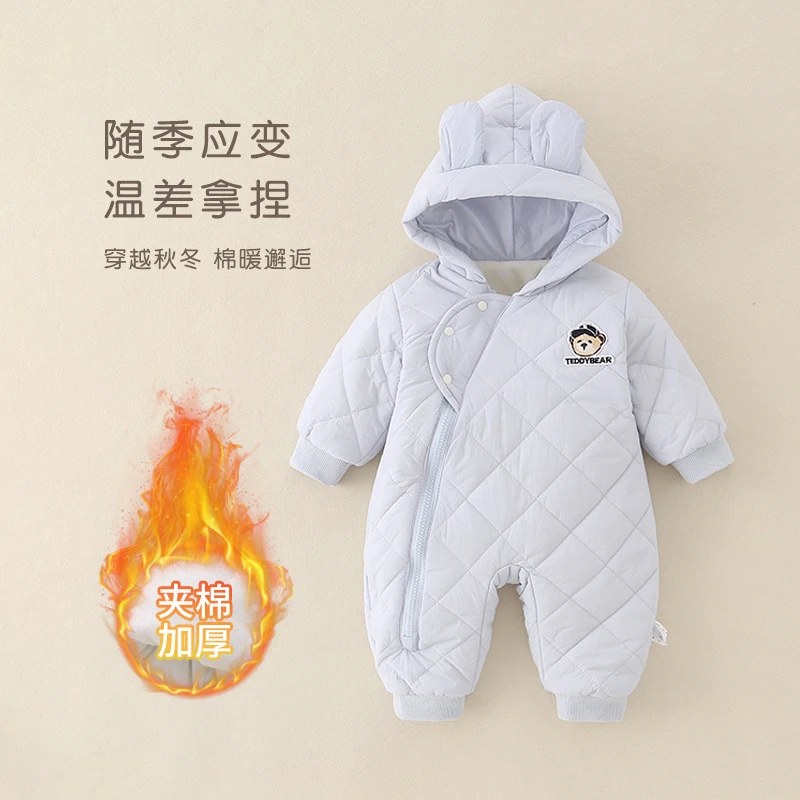 婴童装秋冬季加厚连体衣2025宝宝a类夹棉衣保暖连帽外穿爬爬服