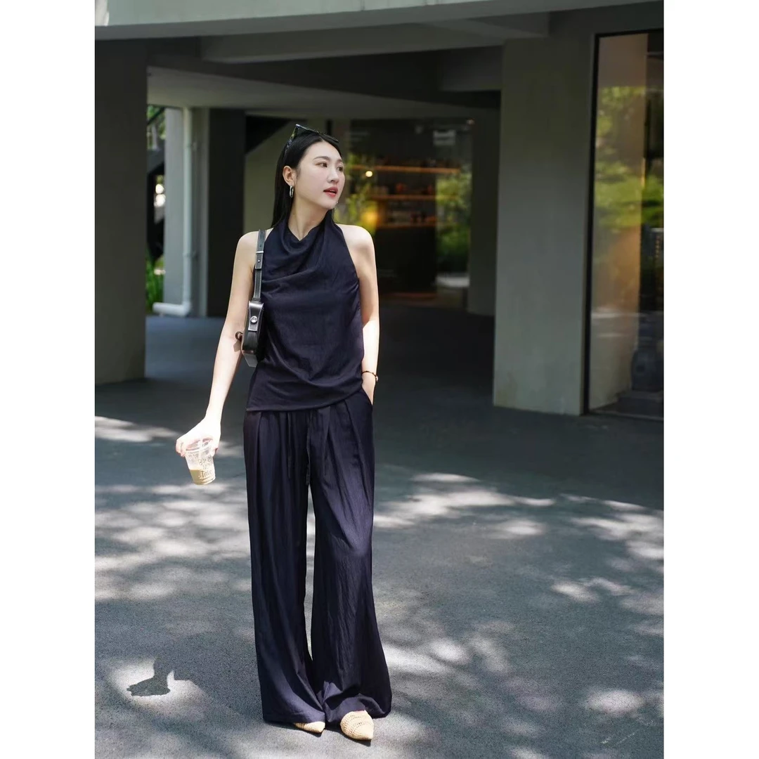 2025新款清冷松弛感宽松无袖背心上衣女垂感高腰休闲阔腿裤套装女