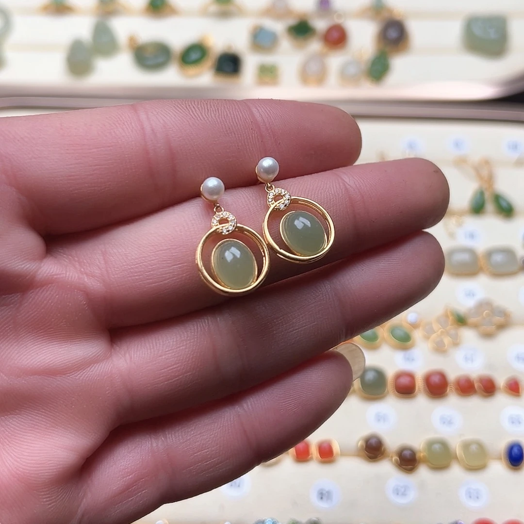 和田玉耳饰银S925镶嵌