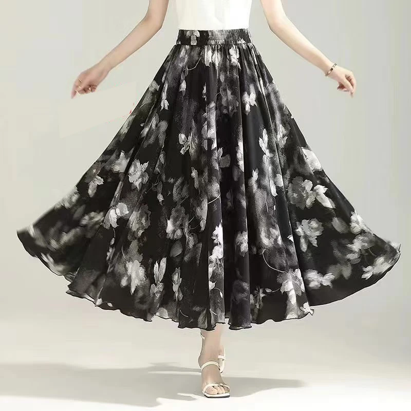 2025新款女装松紧腰复古印花半身裙夏季女垂感显瘦加肥加大中长裙