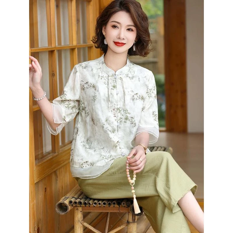 新中式妈妈装套装国风宽松休闲上衣+裤子两件套七分袖小衫