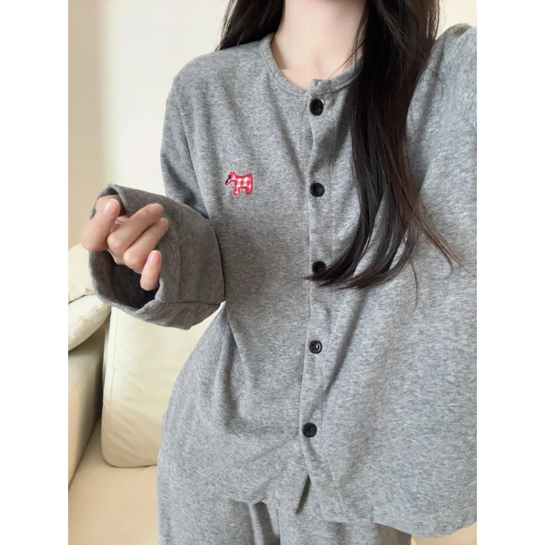 秋冬韩系简约可爱腊肠狗德绒保暖睡衣女款印花长袖长裤家居服套装