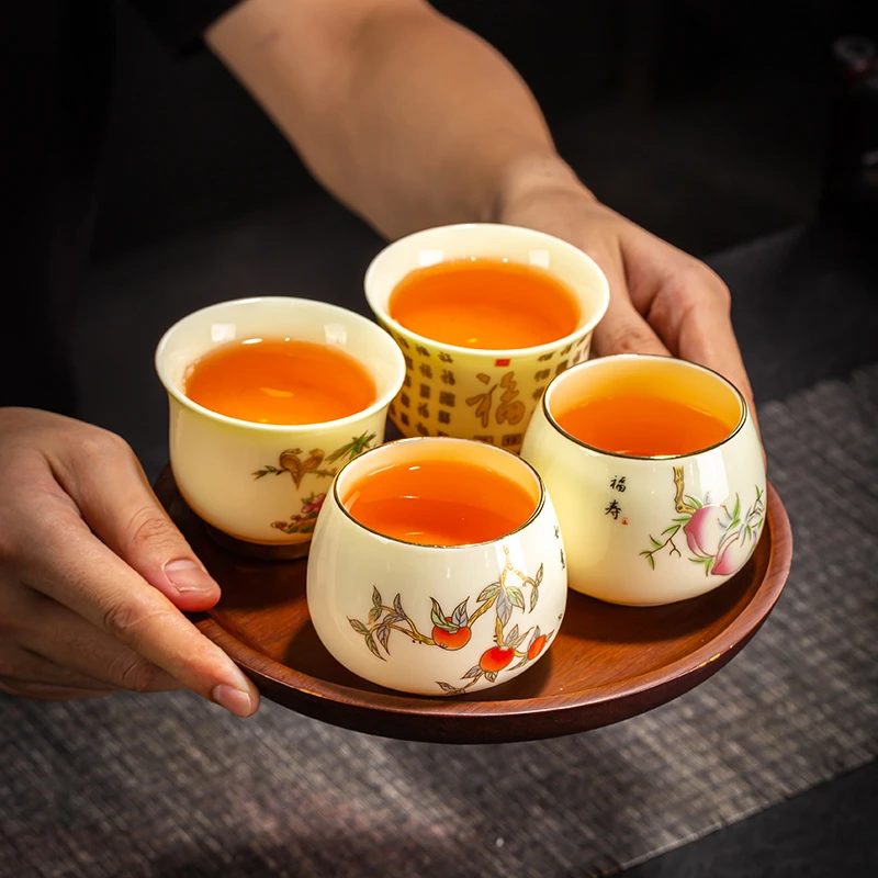 大号羊脂玉瓷宝石黄描金茶杯家用品茗杯主人杯个人专用茶杯专属杯