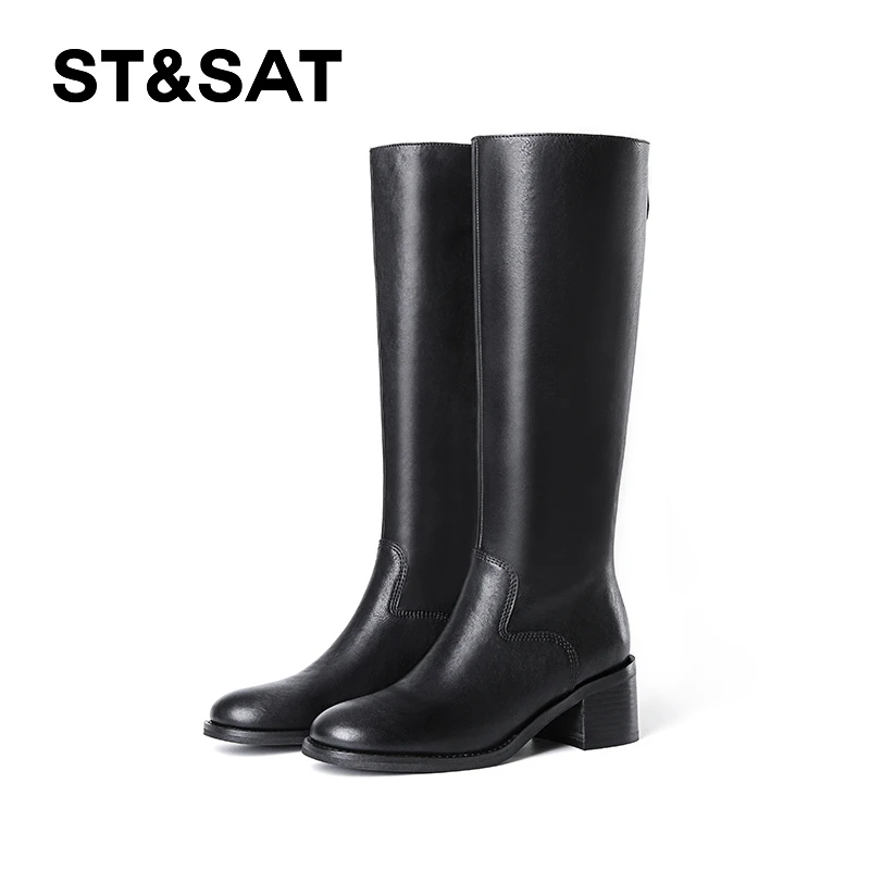 St&Sat/星期六植鞣头层牛皮高筒靴2025冬季新款骑士靴粗跟长筒靴