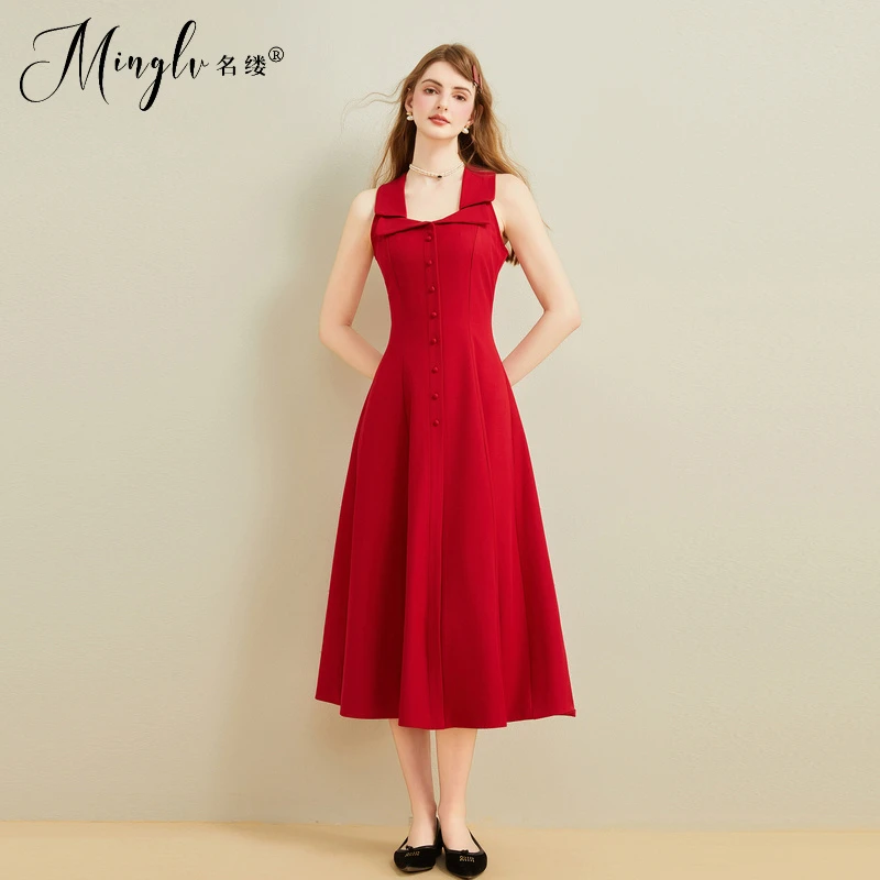 名缕高端品牌红色连衣裙女夏季新款法式过膝长款收腰砖石领气质长