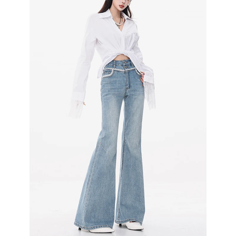 ABWEAR 浪漫世纪-原创蕾丝花边微喇牛仔裤女春夏新款高腰显瘦喇叭