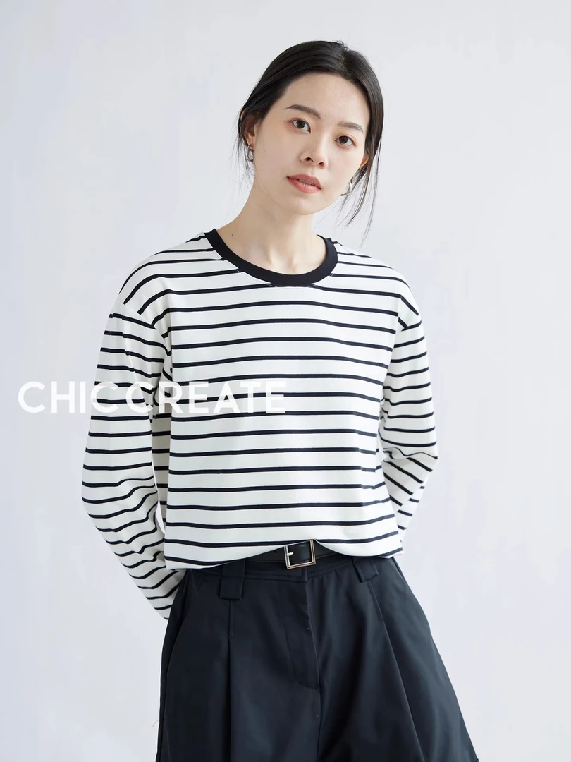 get法式海魂的精髓！经典条纹 宽松圆领长袖T恤上衣女秋新款
