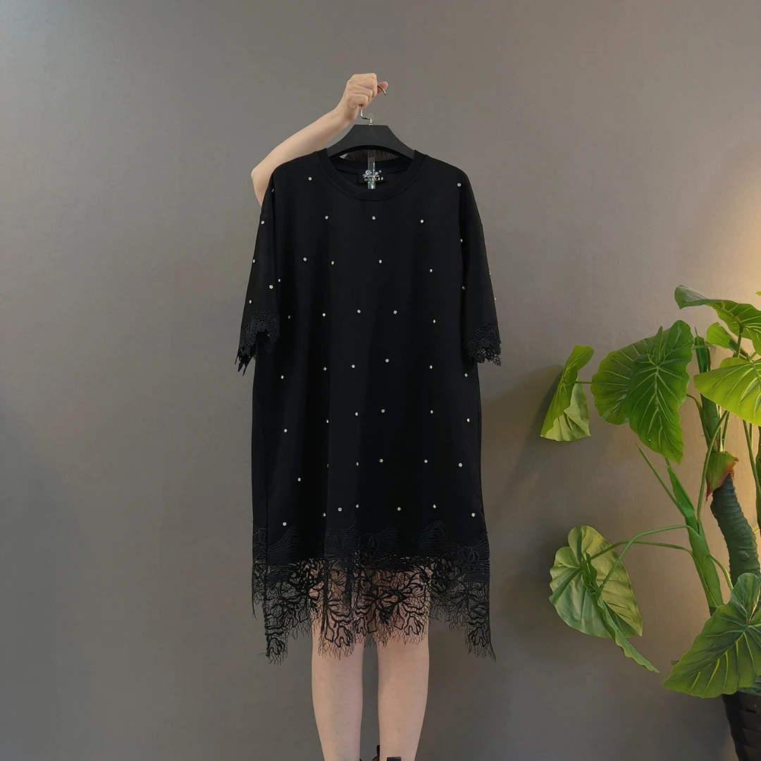 中长款镶钻宽松型短袖T恤显瘦韩版百搭黑色重工大码