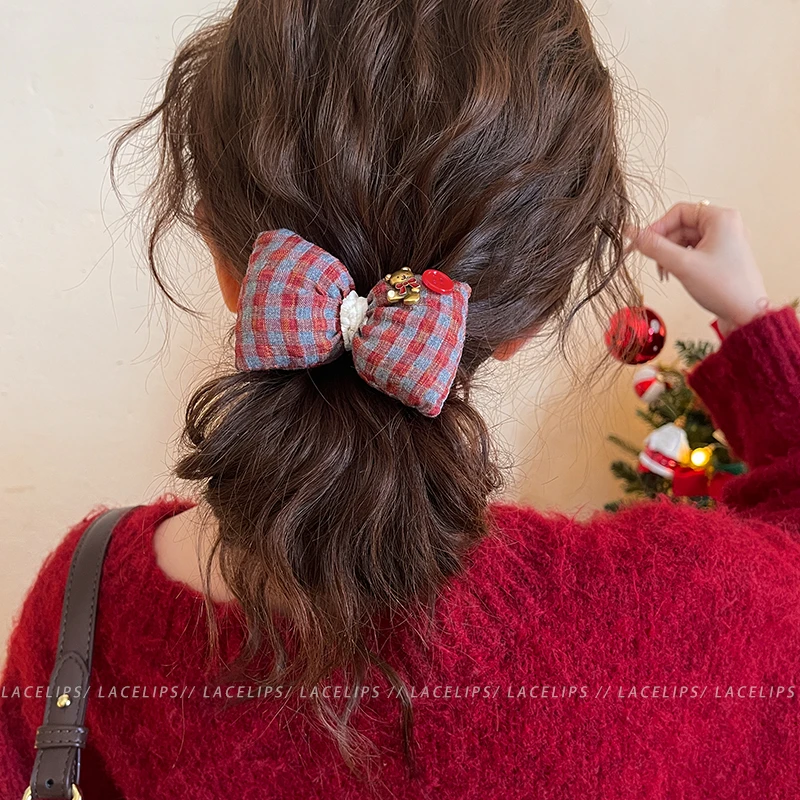 格纹蝴蝶结小熊发圈女高级感皮筋发绳甜美扎头发绳高弹力圣诞发饰