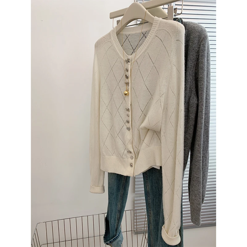 镂空菱格圆领长袖针织开衫女士上衣高级感2025新款早秋氛围感穿搭
