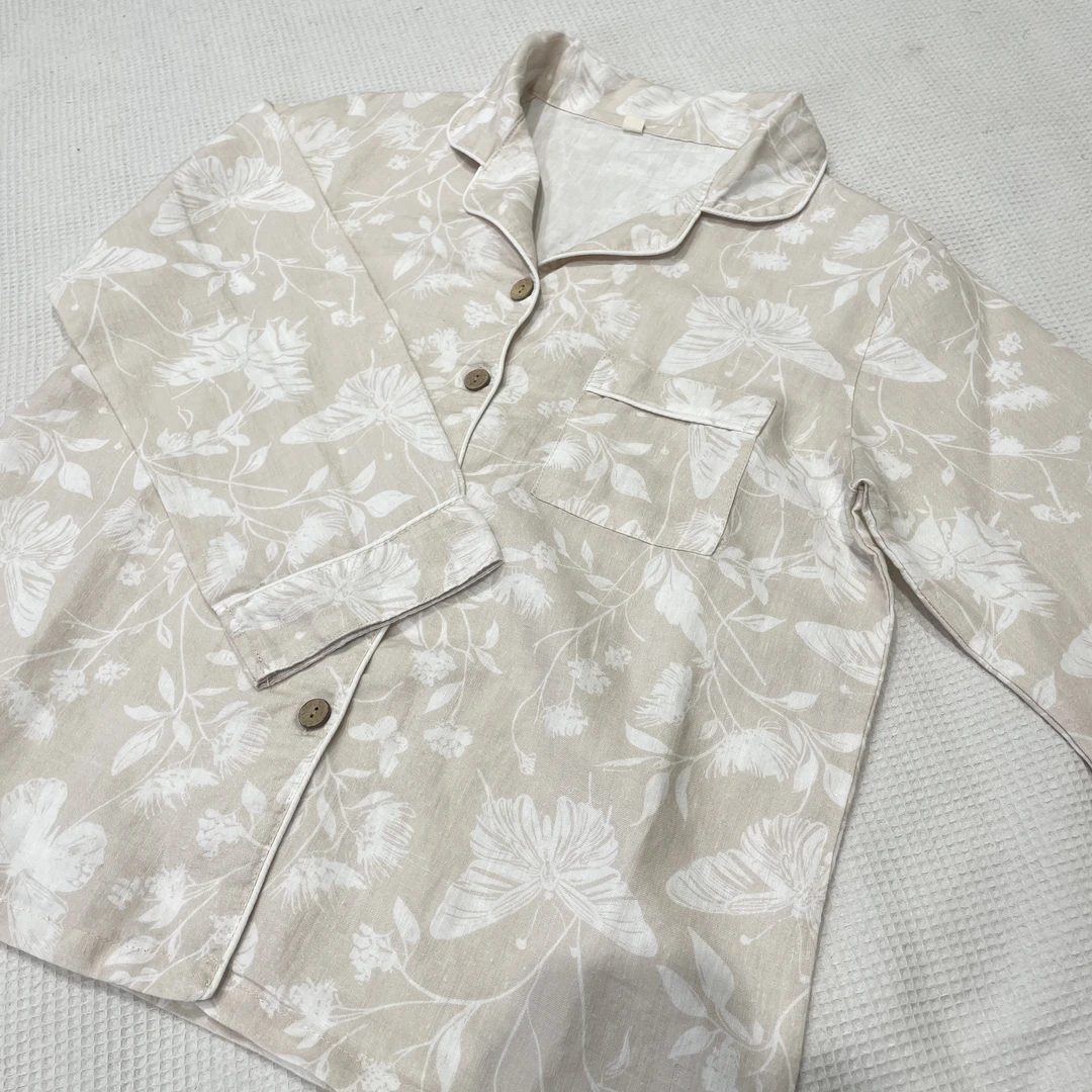 100%汉麻印花睡衣翻领开衫分体家居服春秋季女款长袖长裤睡衣套装