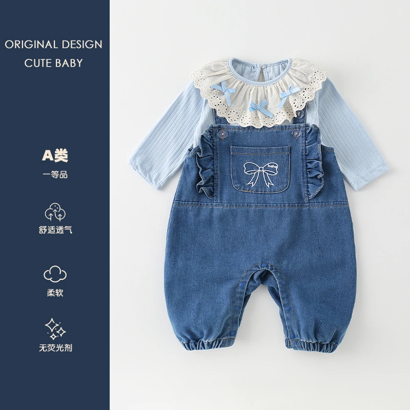 婴幼儿春秋款女宝宝洋气打底衫可爱牛仔背带裙开春外出服甜美套装